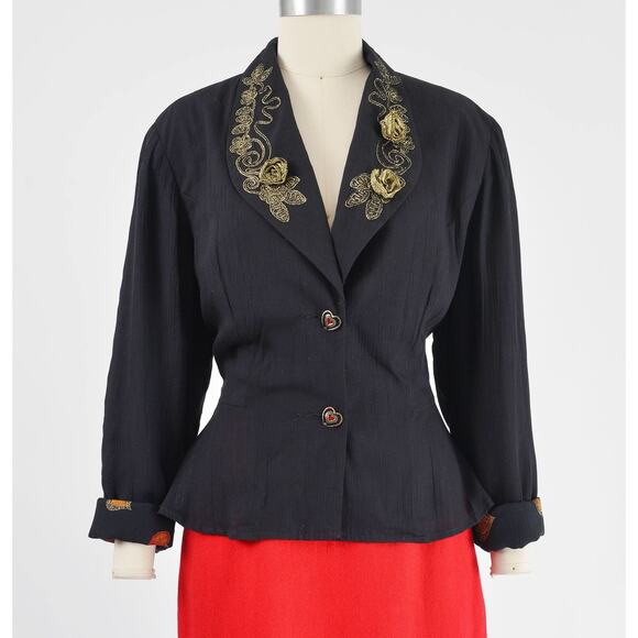Vintage Carole Little Black Metallic Gold Peplum Jacket Top HEART Buttons M L - Picture 3 of 8